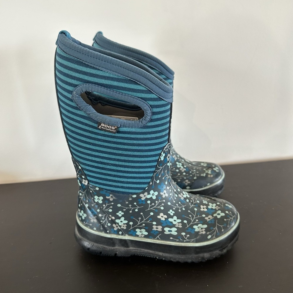 Bogs High Flower Stripe Waterproof Winter Rain Mud Snow Boot Black Girls 11 EUC